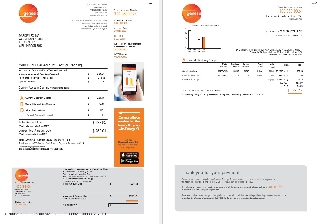 New Zealand Genesis Gas utility bill 1 2 PSD template